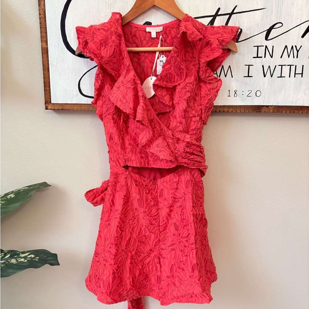 Luxxel Coral Pink Lace Romper with Textured Floral Detail